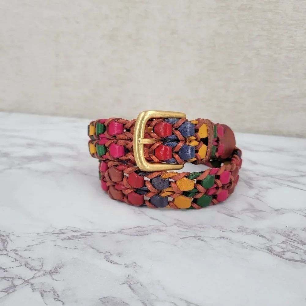 Vintage Woven Multicolor Leather Belt with Gold Tone Buckle
